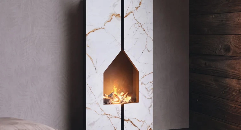 A sleek sintered stone hearth with a modern marble vein design and a warm fire glowing inside, positioned against a contemporary wooden and textured wall.