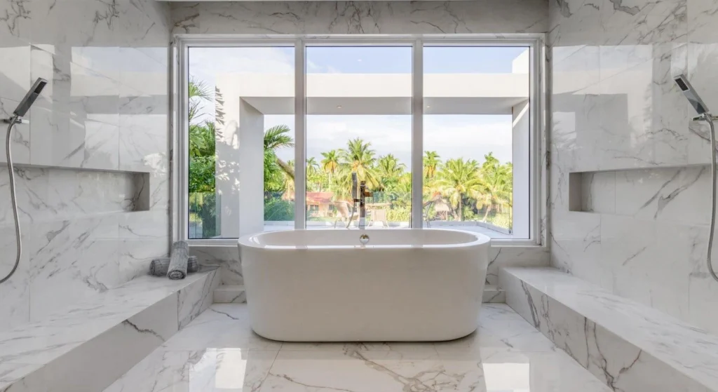 A bathtub on the marble floor sits in front of the window