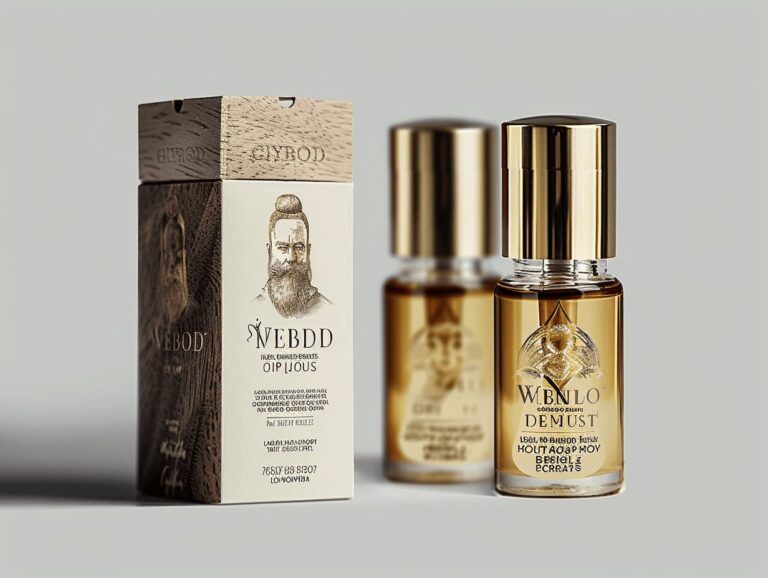 A luxurious beard oil set with golden bottles and a wood-textured packaging box, showcasing a classic and high-end aesthetic.