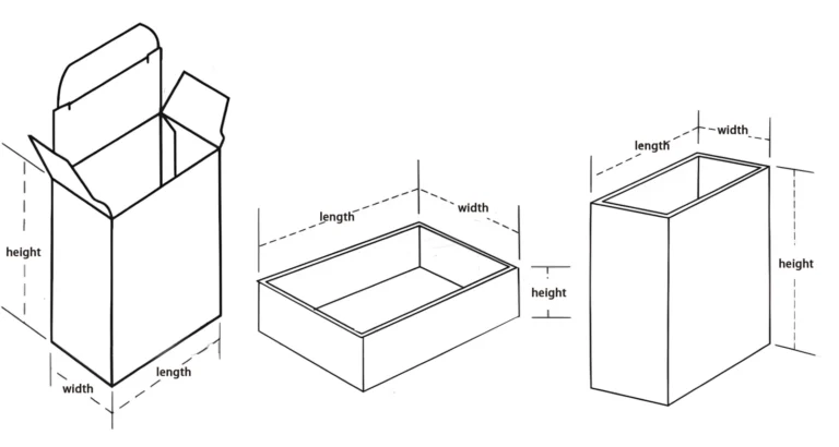 Illustration of three different box styles with dimensions labeled as length, width, and height for packaging design.