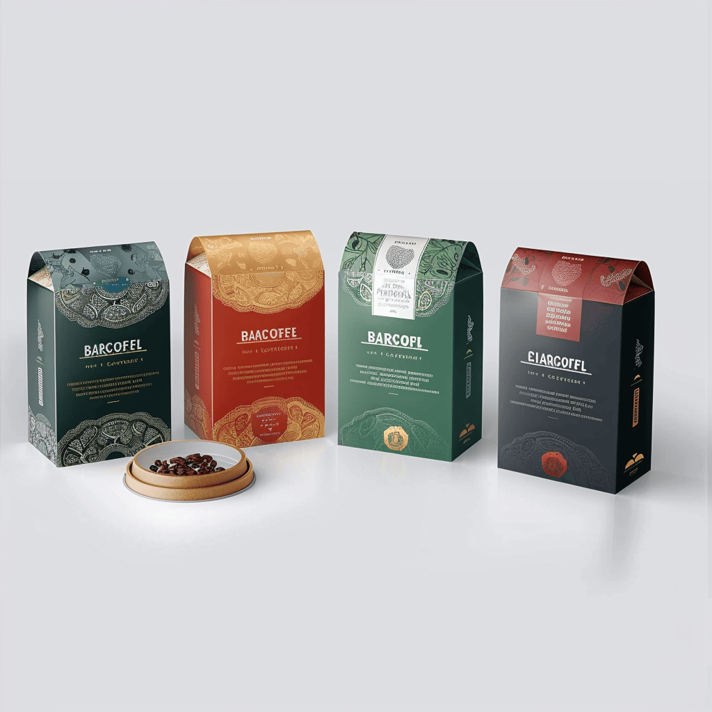 A collection of elegant coffee packaging boxes in green, red, and gold tones with intricate patterns, showcasing premium branding for coffee products.
