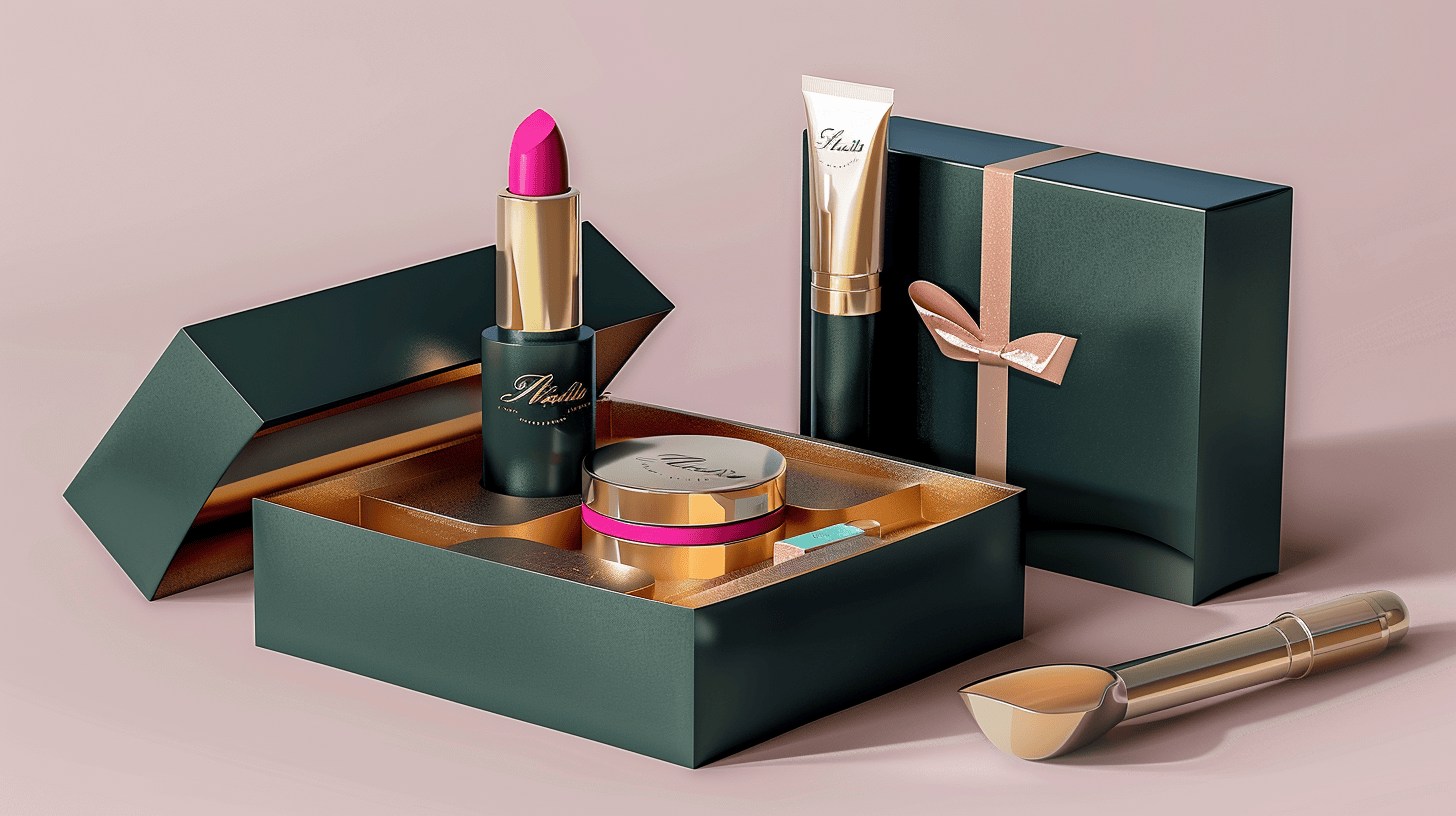 Luxury green and gold cosmetic packaging featuring a lipstick, cream, and tube.