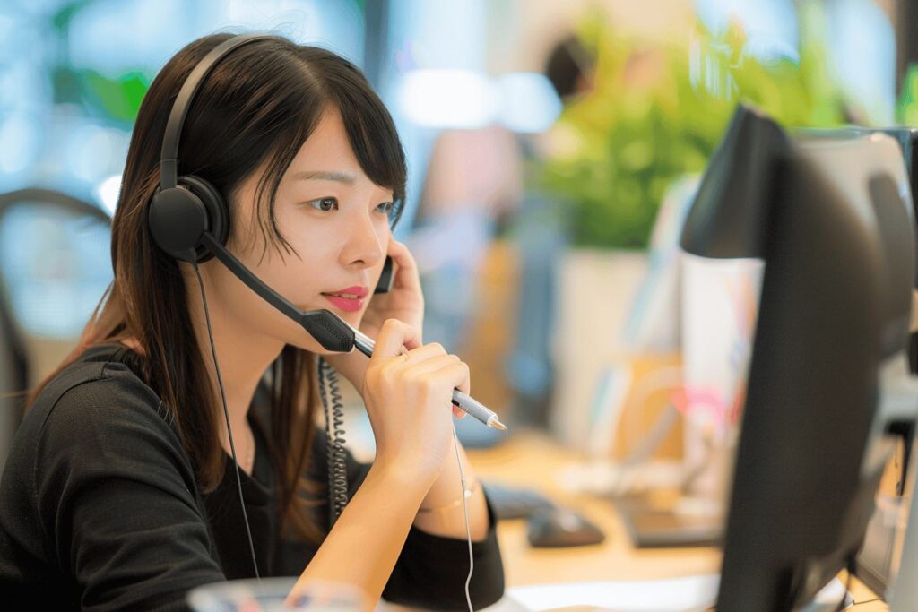 Customer service representative wearing a headset, attentively assisting a client.