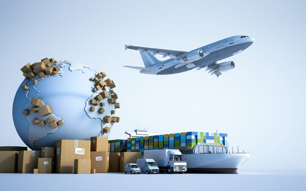 Logistics setup with airplane, cargo ship, and trucks symbolizing global shipping and distribution of packaging solutions.