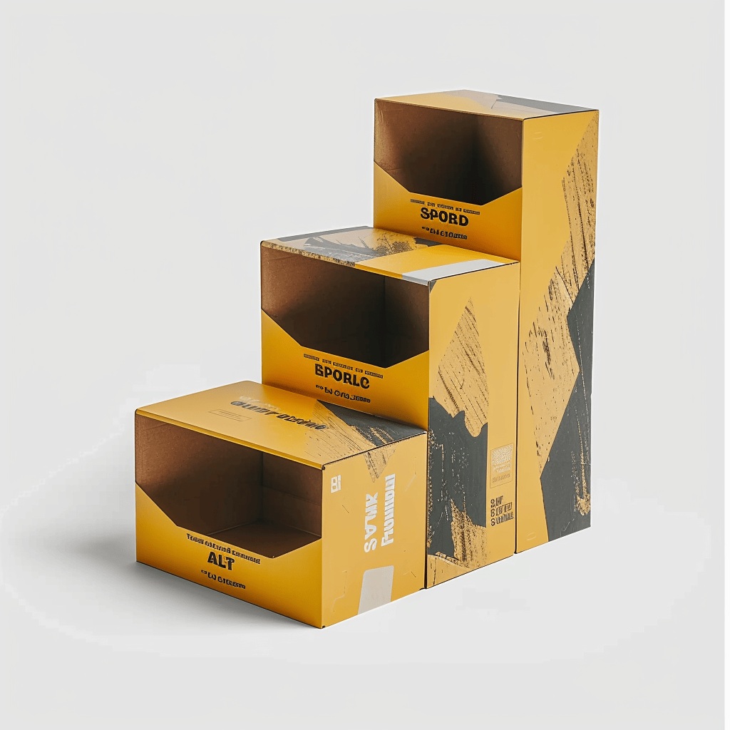 Three yellow cardboard display boxes stacked in a staircase pattern, showcasing a bold graphic design with black accents.