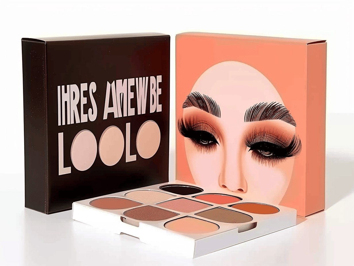 Multicolored eyeshadow palette with a bold face design on the packaging, featuring a mix of warm and neutral shades.