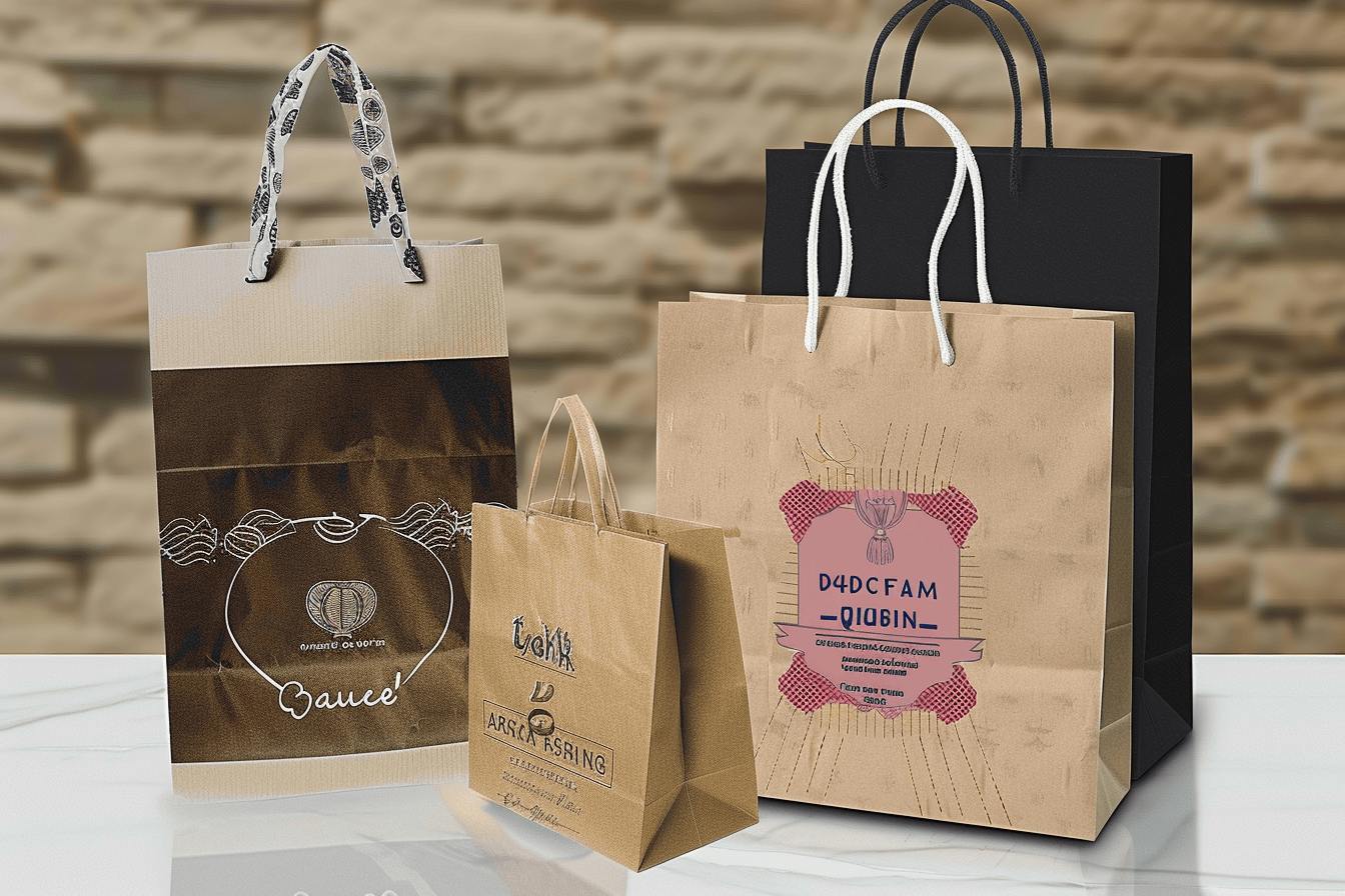 Custom paper bags with various designs for retail packaging and branding.