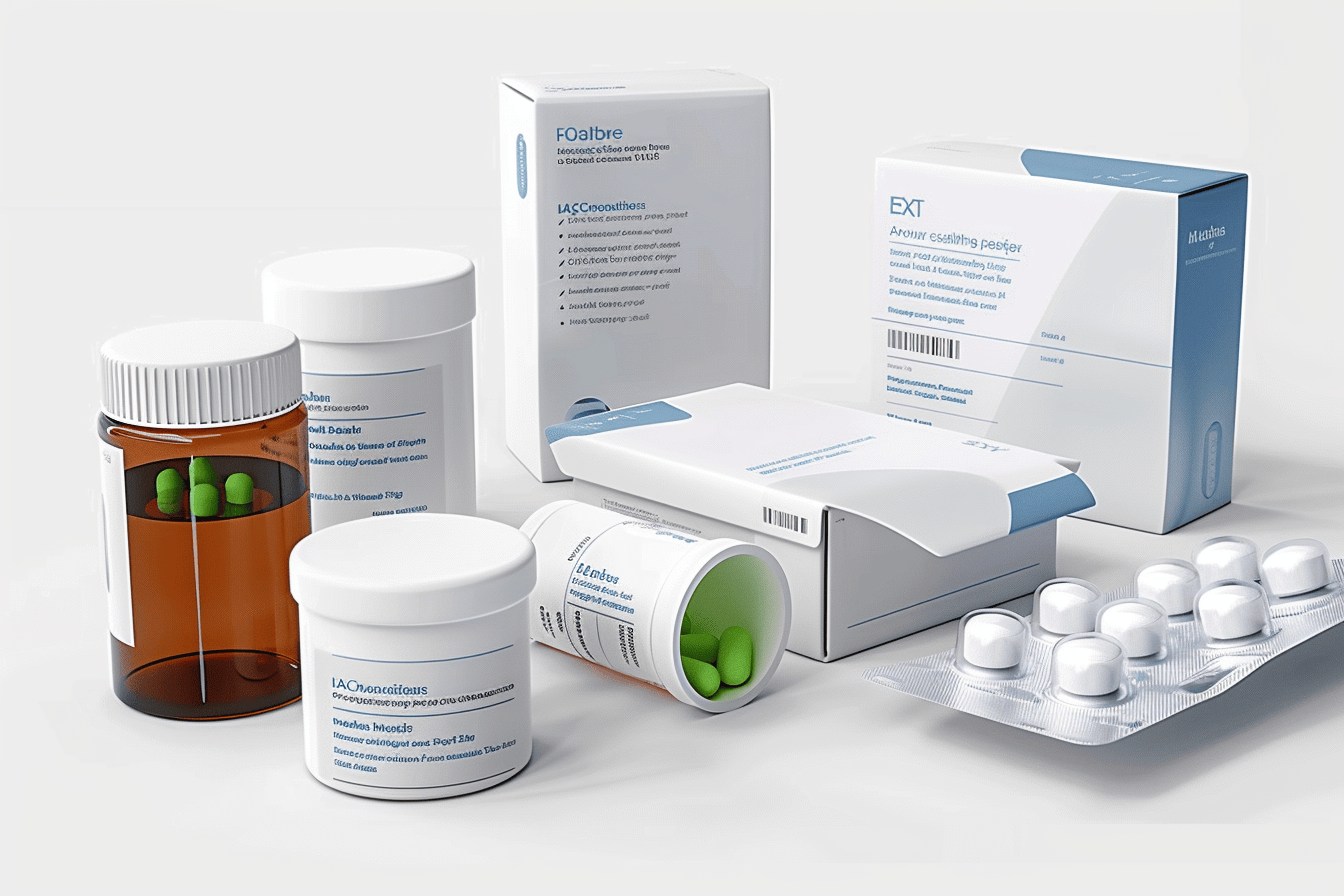 Pharmaceutical packaging with bottles, boxes, and blister packs for medicine storage.