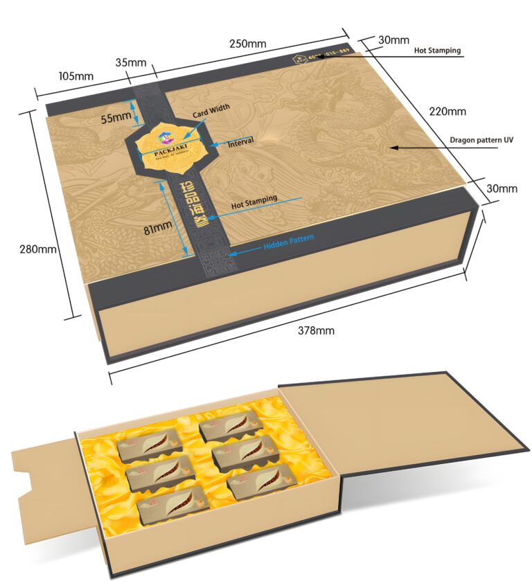 Detailed layout of a luxury gift box design with dimensions labeled in millimeters, featuring dragon pattern UV printing, hot stamping, and an interior display for packaged items.