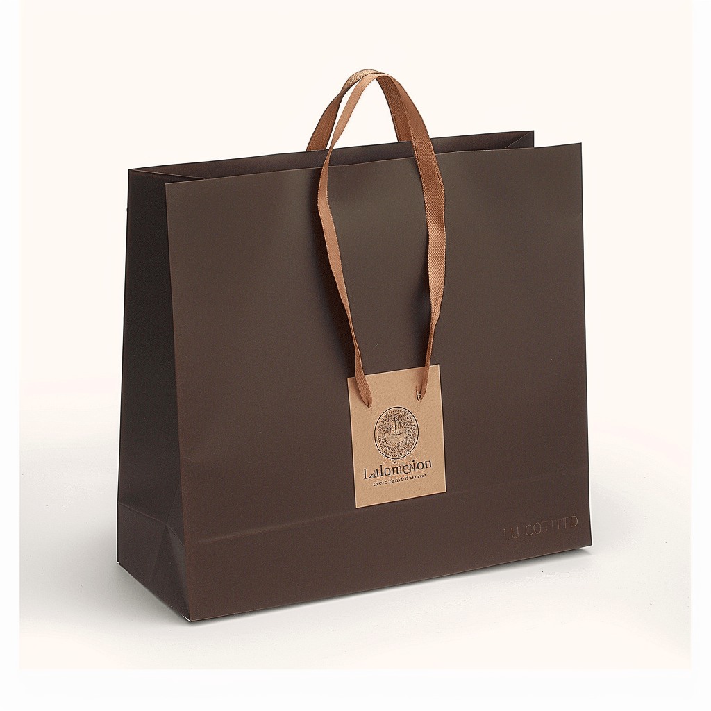 Elegant dark brown luxury paper bag with satin handles and a premium design.