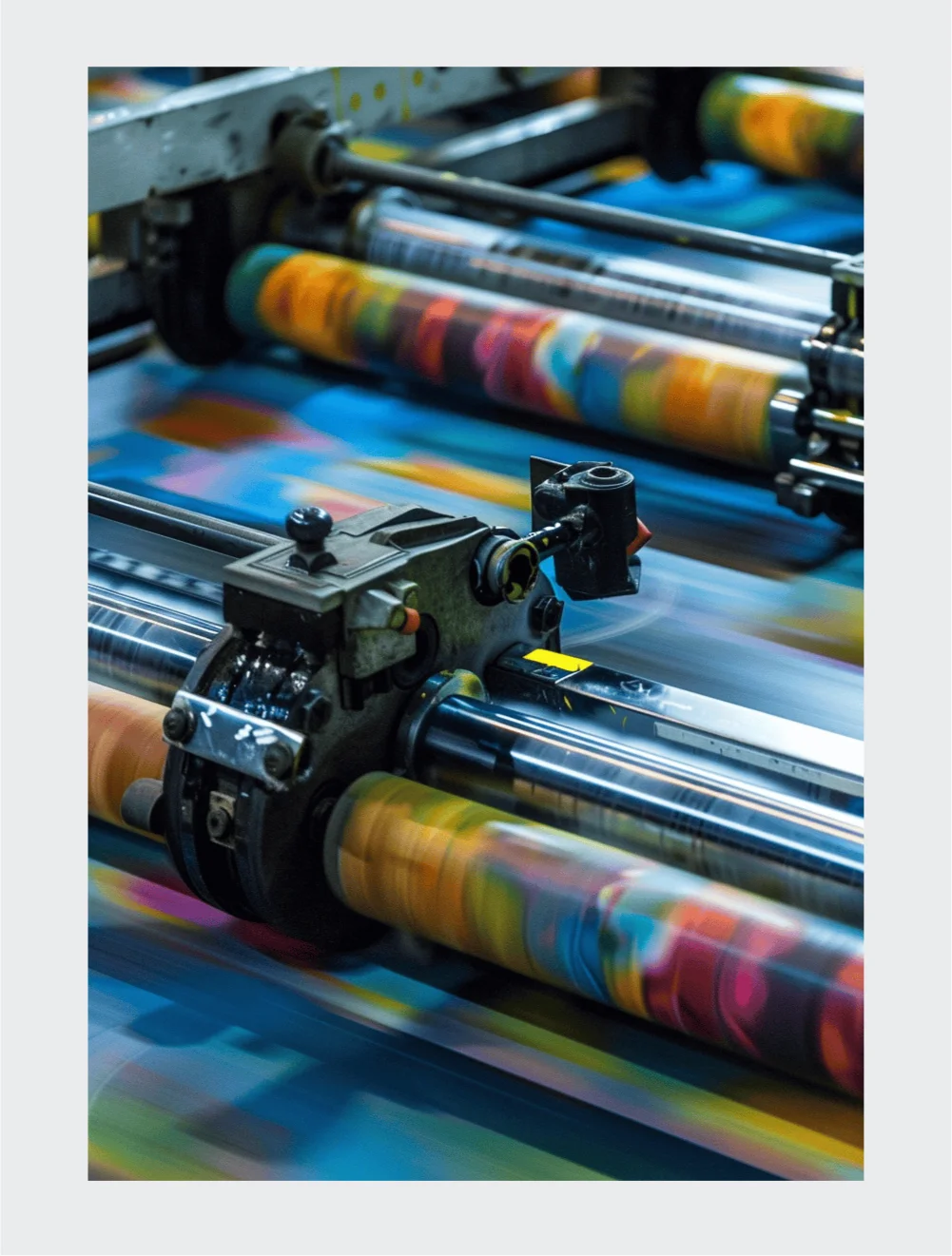 Close-up of advanced printing machinery applying vibrant colors, representing Packjaki's precision printing and use of non-toxic inks.