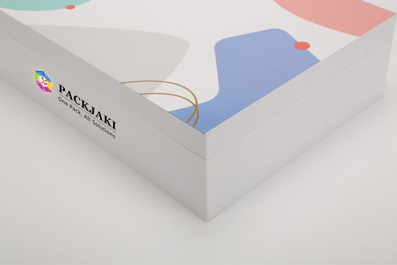 Minimalist custom packaging box with modern geometric patterns and premium white finishing by Packjaki.