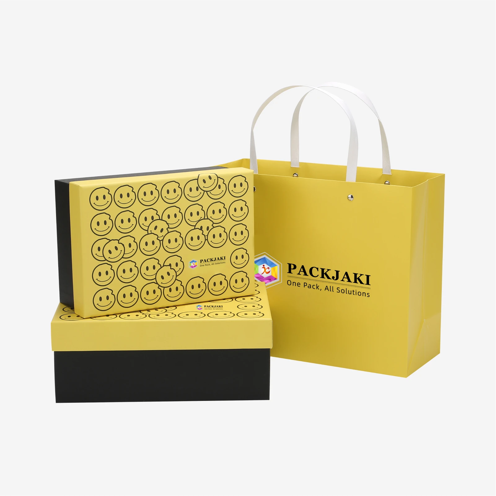 Bright yellow custom packaging boxes and bags with smiley designs, perfect for cheerful and fun branding.