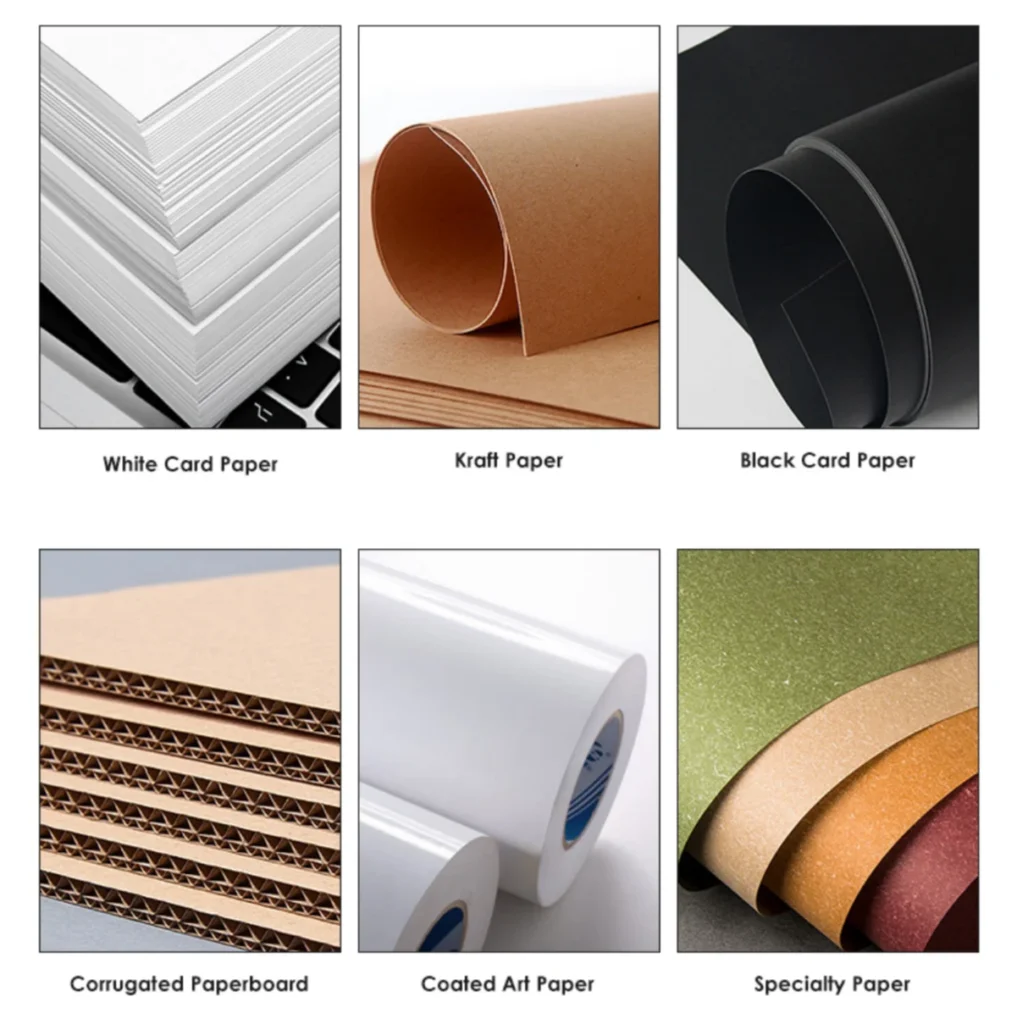 Examples of paper materials used in packaging, including white card paper, kraft paper, black card paper, corrugated paperboard, coated art paper, and specialty paper.