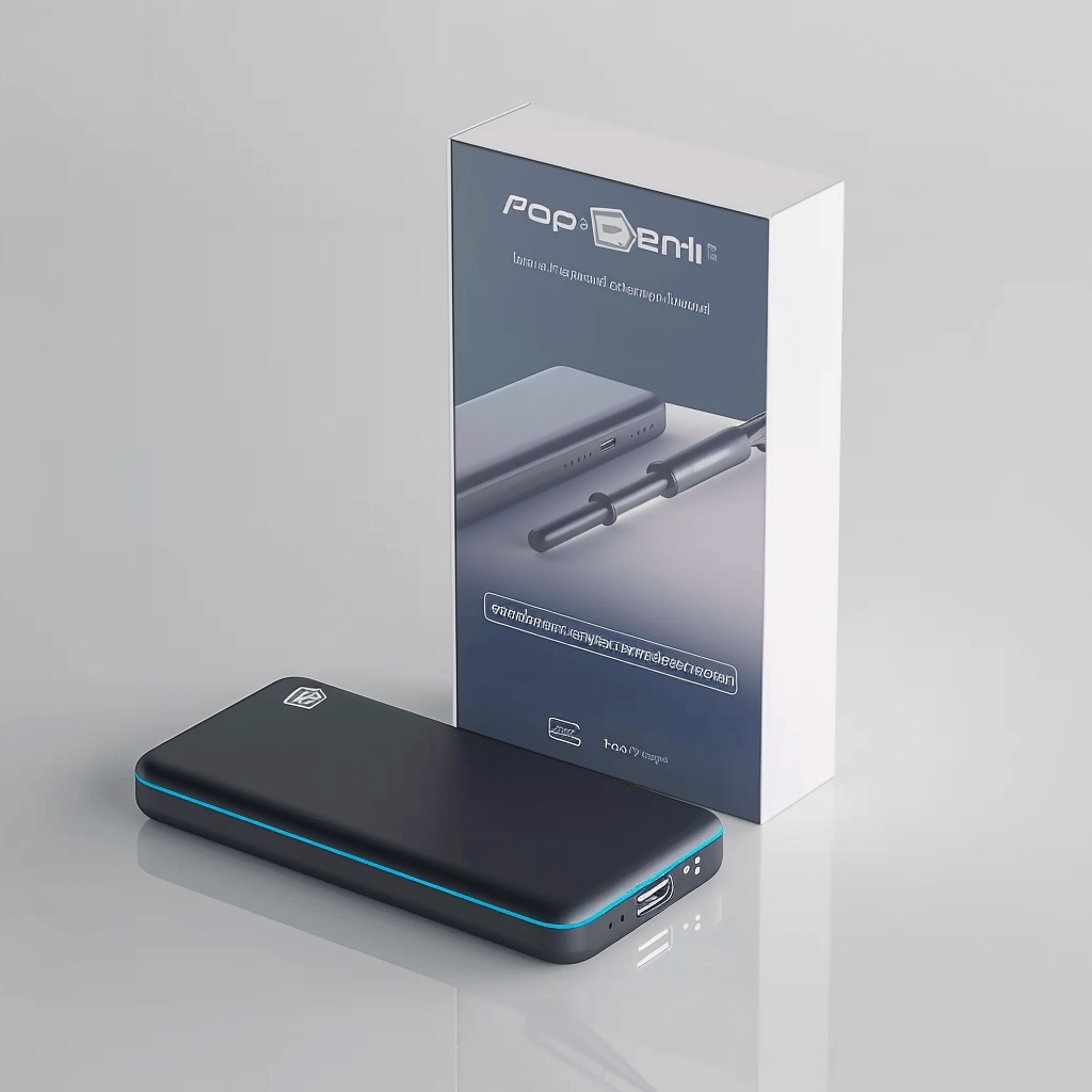 Compact power bank with a sleek design and its matching retail packaging.