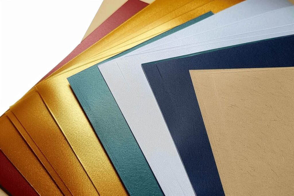 A variety of colorful specialty papers arranged in layers, showcasing different textures and finishes.