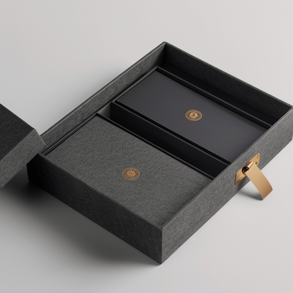 Elegant luxury packaging with a textured gray finish, magnetic closure, gold accents, and beautifully designed inserts for a premium unboxing experience.