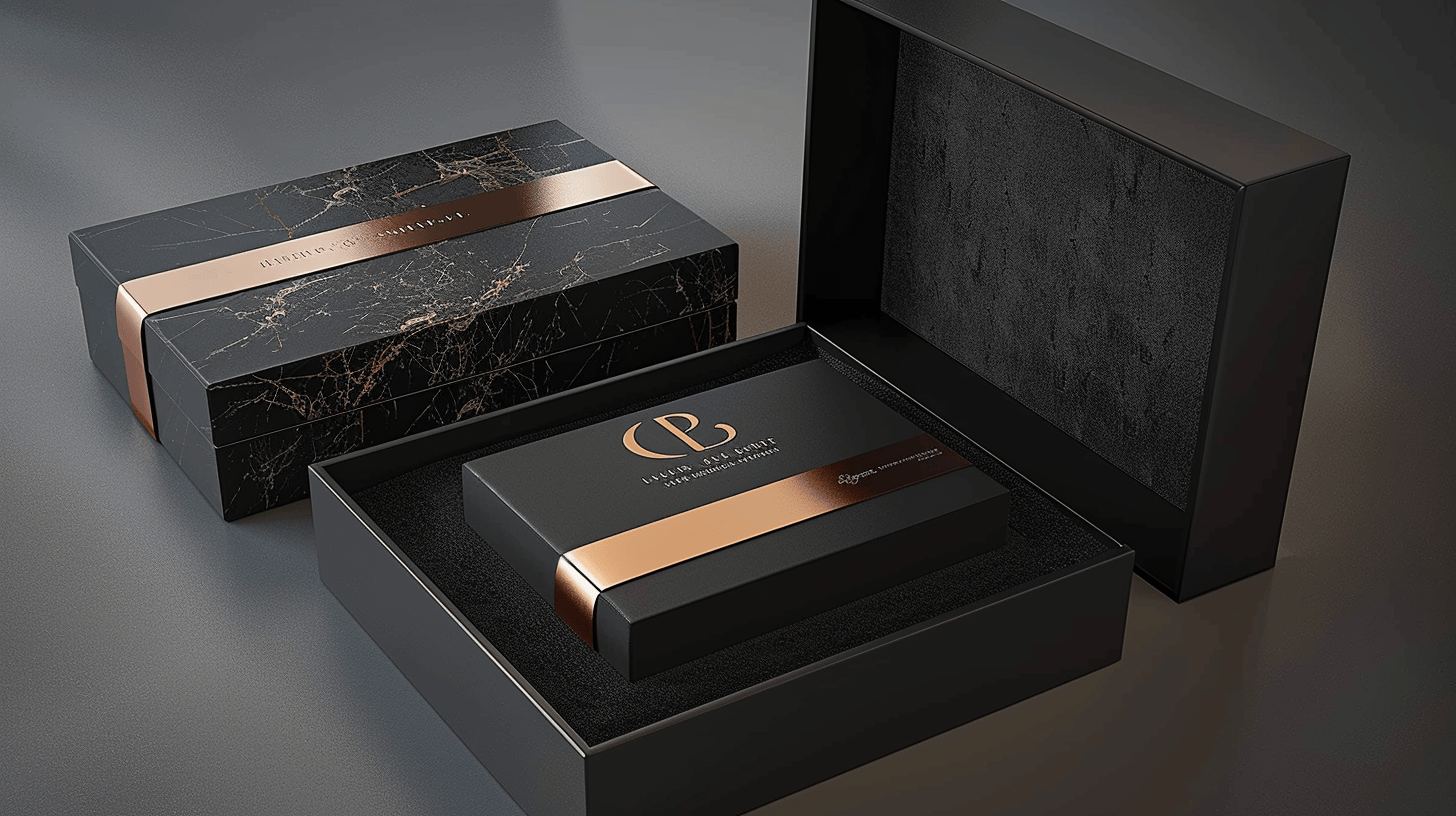 Black luxury packaging box with marble pattern, gold ribbon accents, and sleek interior design for high-end products.