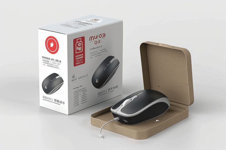 Custom eco-friendly mouse packaging with a protective interior box and a stylish black wired mouse displayed inside.