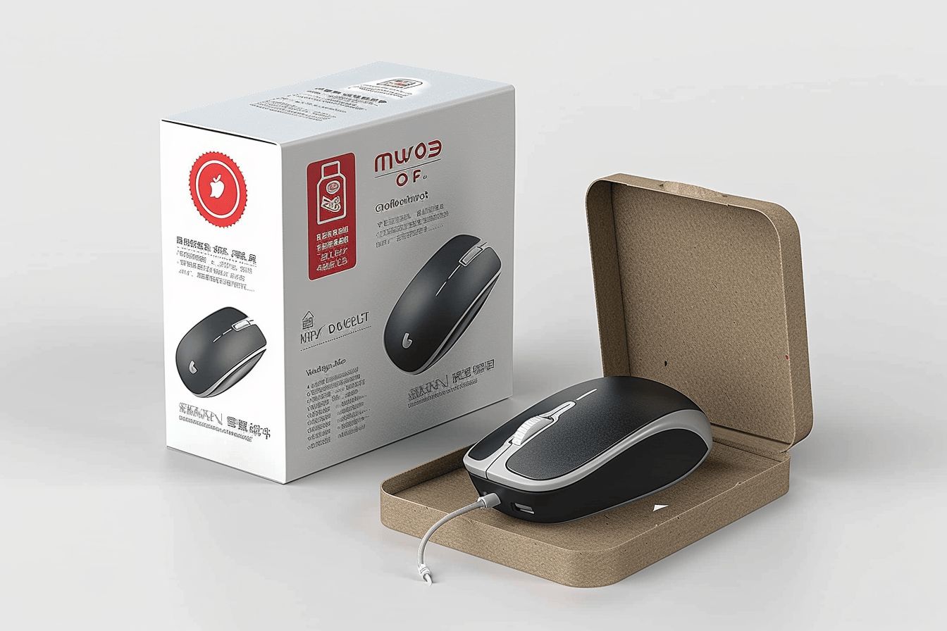 Custom eco-friendly mouse packaging with a protective interior box and a stylish black wired mouse displayed inside.