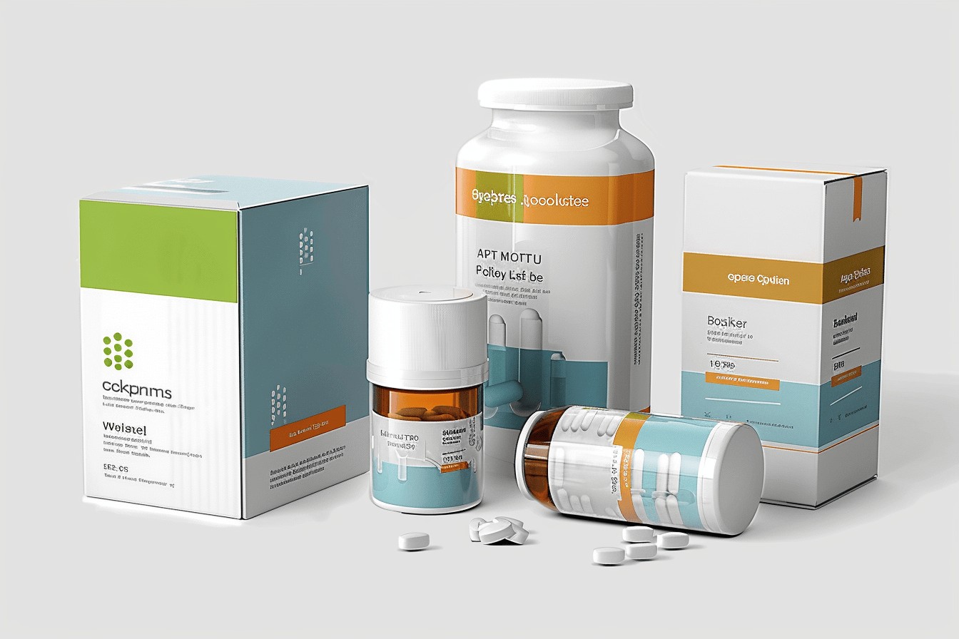 A display of pharmaceutical packaging products, including pill bottles and paperboard boxes with clean and professional designs, featuring orange, white, and teal color accents.
