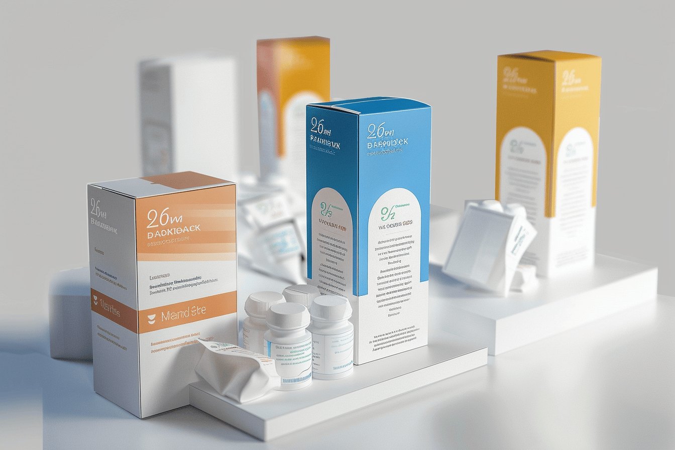 A display of secondary pharmaceutical packaging boxes in different colors, including blue and orange, accompanied by small white bottles and pouches, placed on a clean white surface.