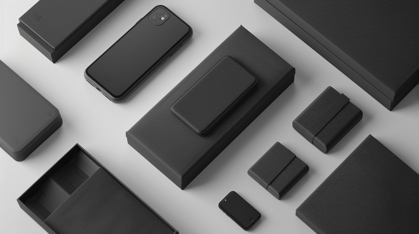 Minimalist matte black packaging for tech gadgets, featuring modern design and functional layouts.