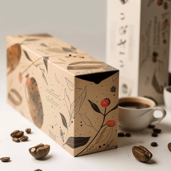 A natural kraft paper coffee packaging box with botanical illustrations, paired with coffee beans and a cup of coffee, emphasizing eco-friendly design.
