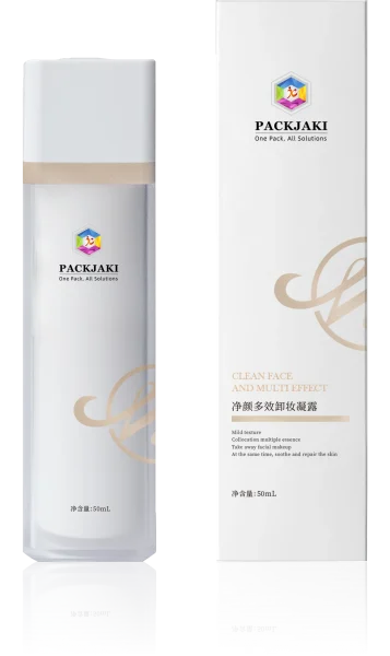 A sleek cosmetic packaging design by Packjaki, featuring a white and gold theme. The image showcases a 50mL bottle with a matching box labeled "Clean Face and Multi Effect" in English and Chinese. The bottle and box have the Packjaki logo and branding, highlighting a premium, minimalist design ideal for skincare products.
